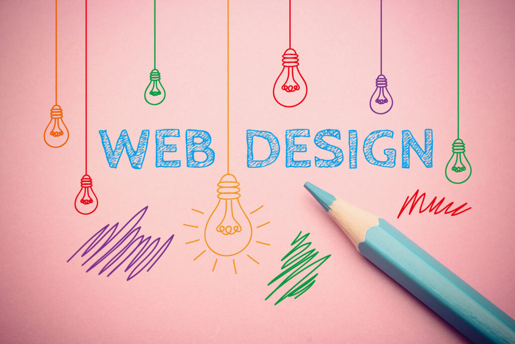 The words "web design" surrounded by colorful drawn lightbulbs on a pink background
