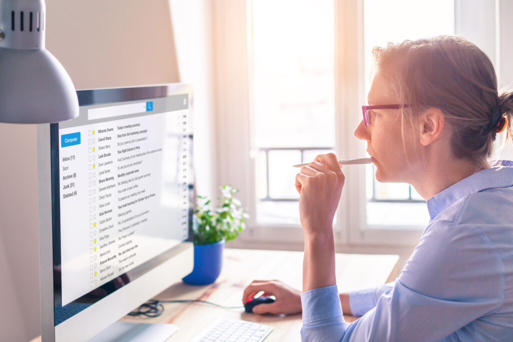 woman reading emails