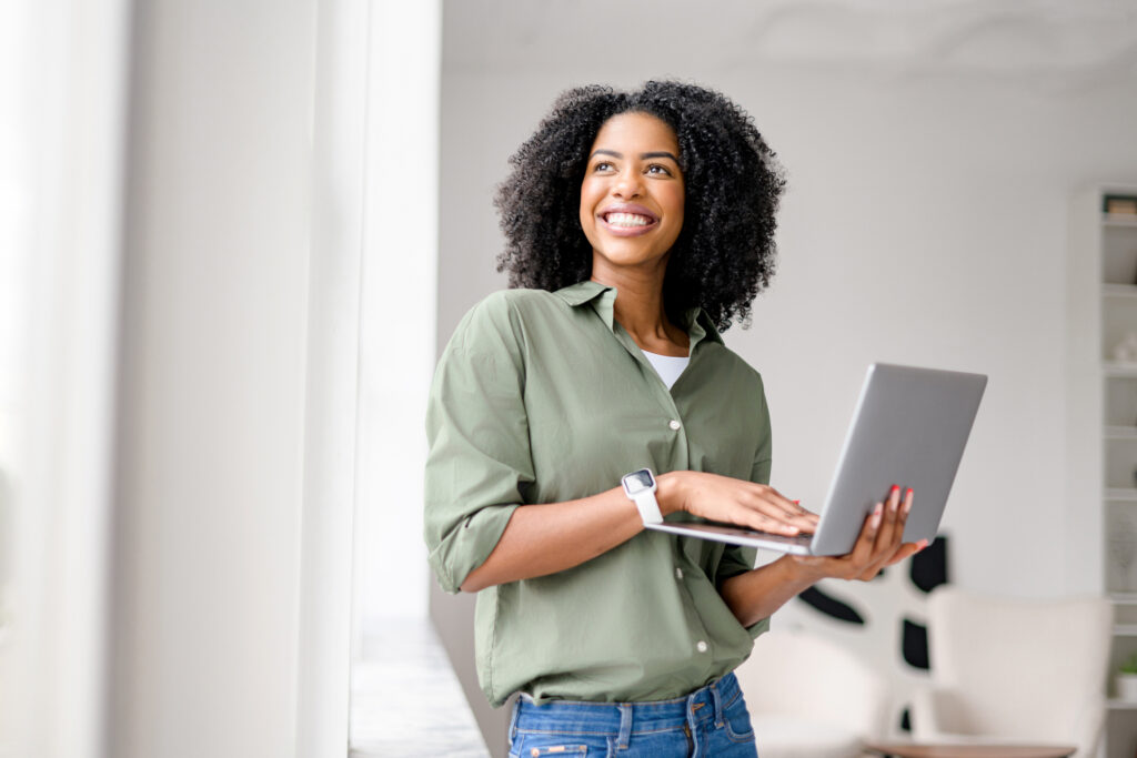 Woman looking up business of Google